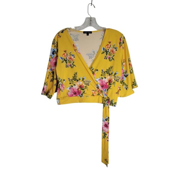 Floral Sheer Ruffle Hem Blouse 1X By Weekend Suzanne Betro White/Pink/Yellow V-N - Picture 5 of 5